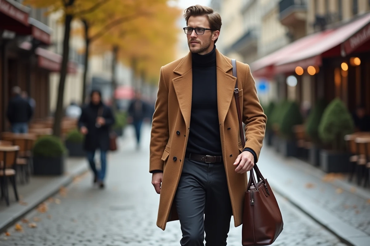 Homme élégant en manteau camel marchant dans une rue pavée européenne en automne, mode masculine et lifestyle urbain