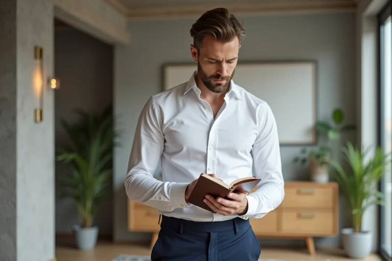 Homme moderne élégant en chemise blanche et chino marine dans un appartement minimaliste scandinave, lifestyle masculin au quotidien