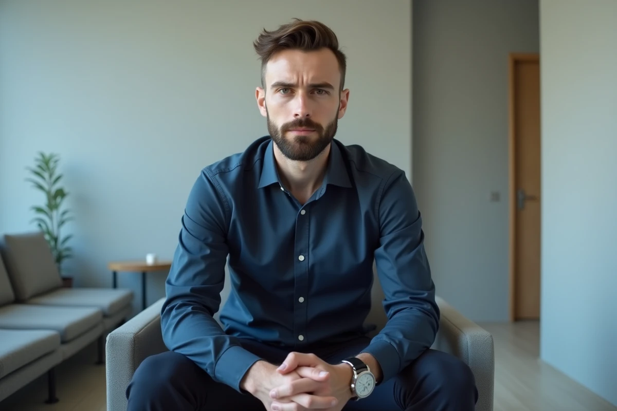 Homme assis dans une salle d'attente d'un cabinet de psychologue avant sa première consultation