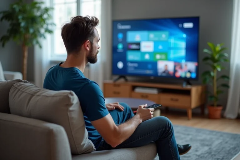 Homme assis regardant une Smart TV avec IPTV dans un salon moderne