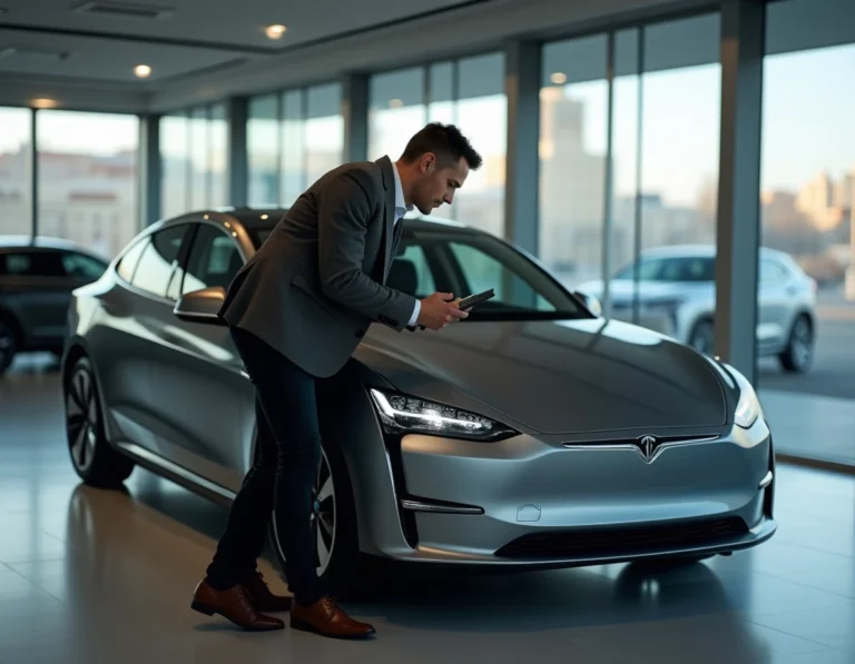 Homme consultant les spécifications d'une voiture électrique moderne sur tablette dans un showroom automobile contemporain