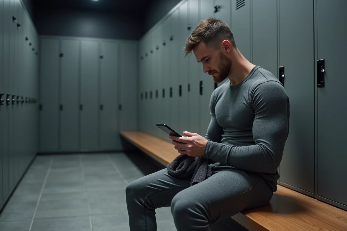 Homme sportif en tenue de sport grise dans un vestiaire de gym moderne, bien-être masculin et lifestyle fitness