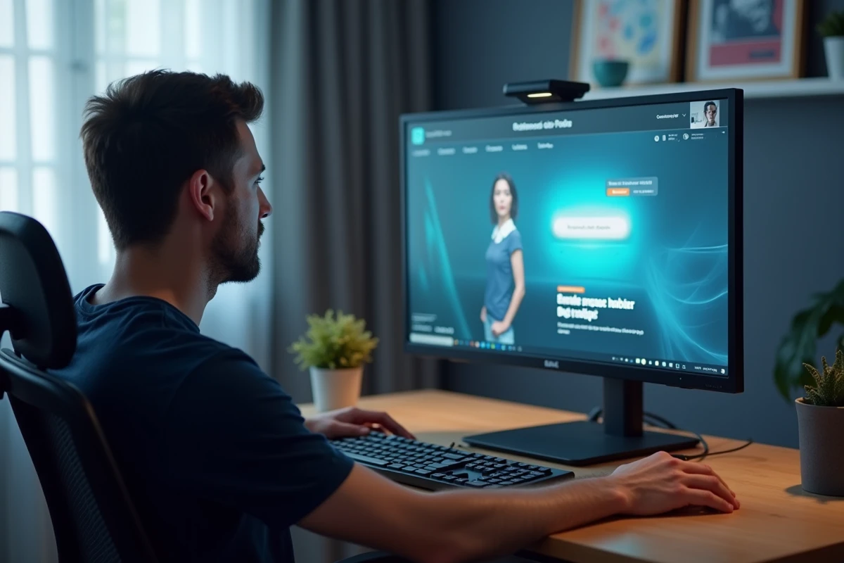 Homme regardant un site de streaming sur un écran de bureau dans un bureau à domicile