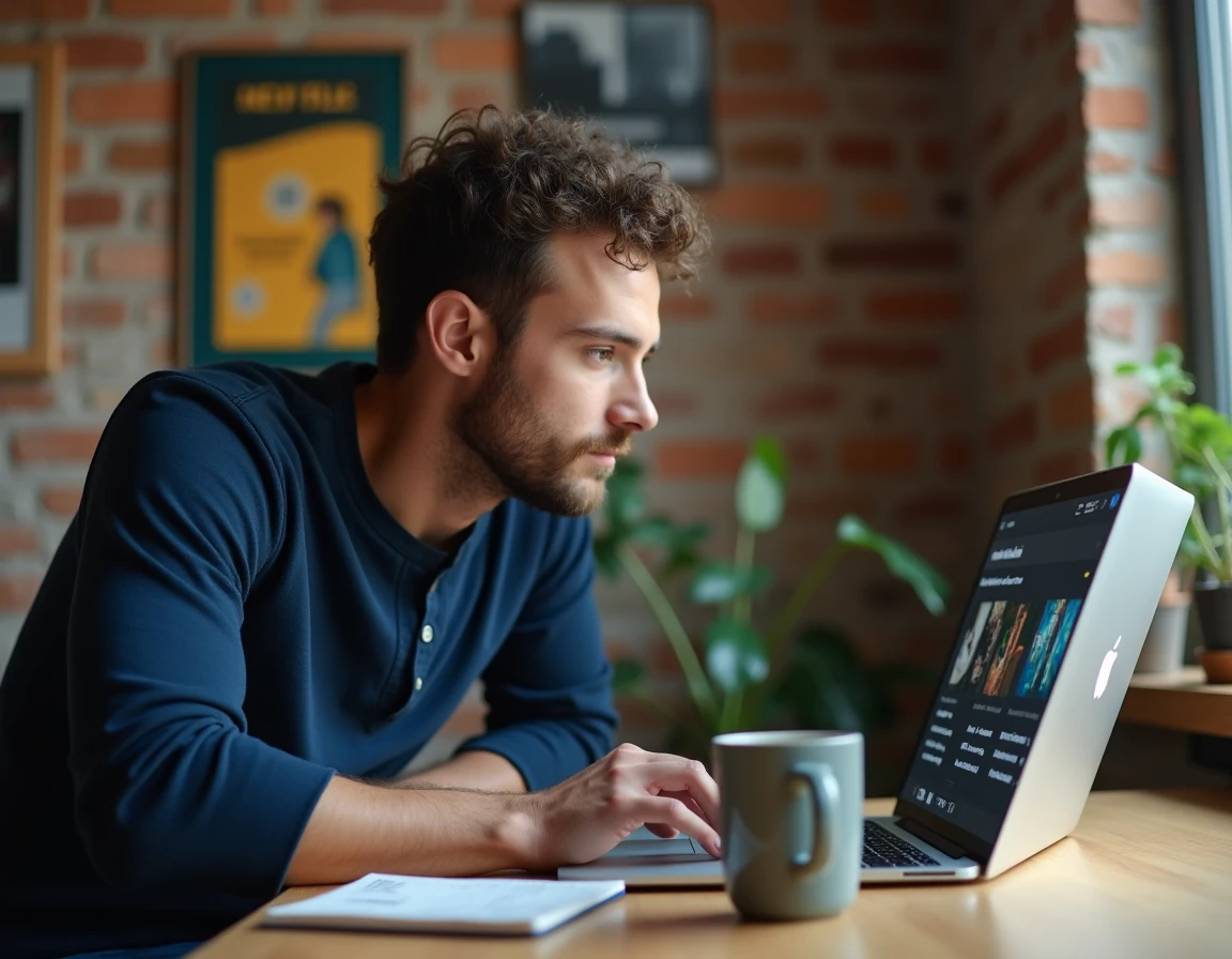 Homme naviguant sur une interface de streaming de films sur ordinateur portable dans un bureau moderne