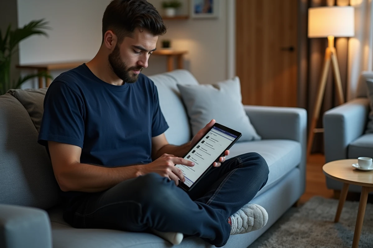 Homme naviguant sur un site de téléchargement via tablette dans un salon contemporain
