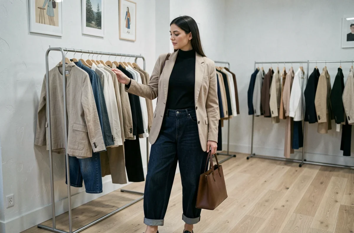 Femme en jean baggy indigo et blazer beige dans une boutique minimaliste, style tendance sophistiqué pour adopter le jean large au quotidien