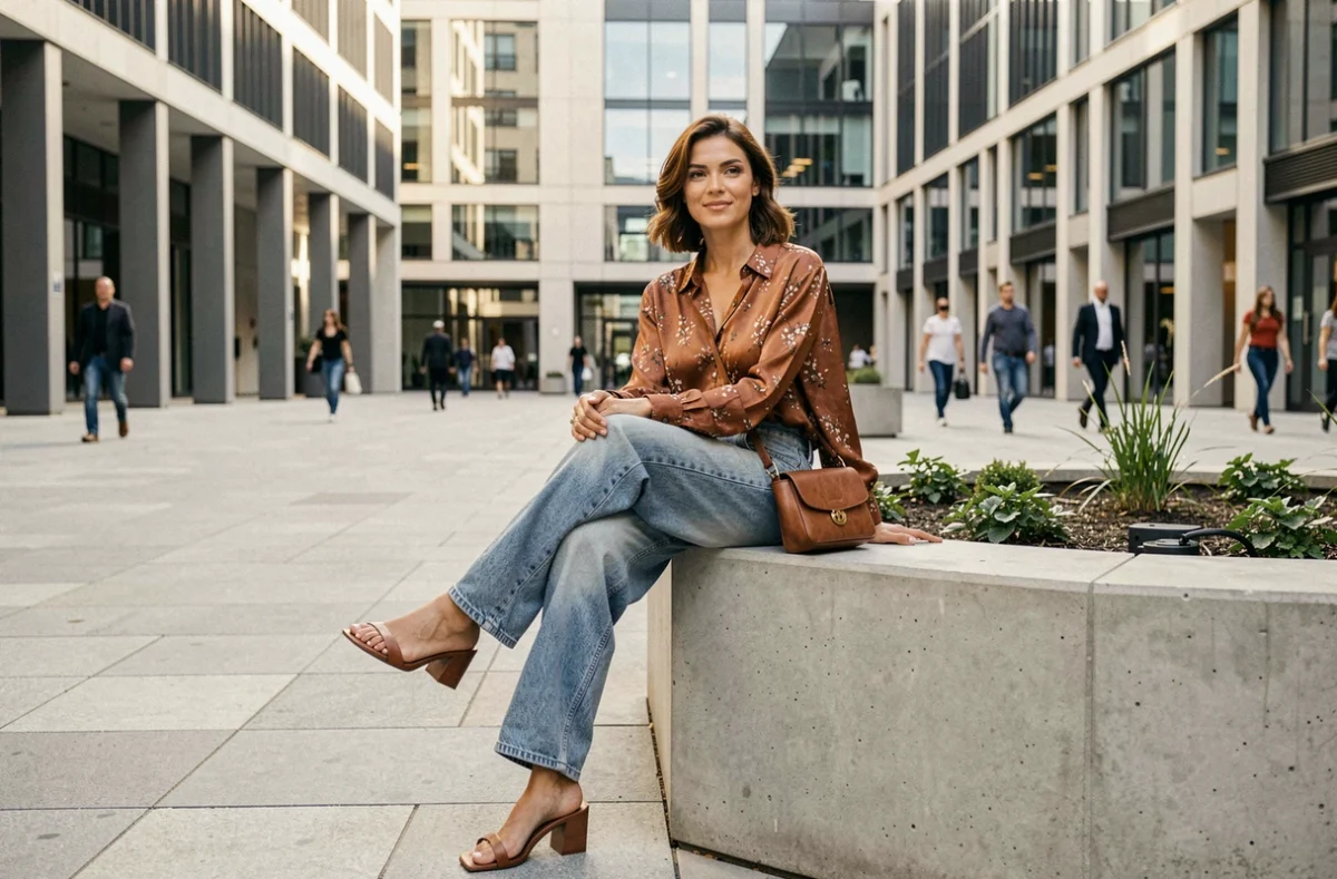 Femme assise sur un muret en jean baggy vintage et blouse fleurie avec des mules à talon, look feminin et tendance dans un cadre urbain moderne