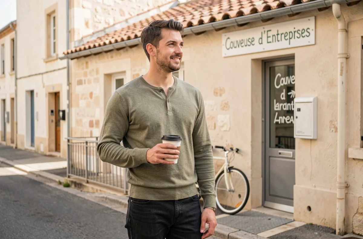 Jeune entrepreneur devant une couveuse d'entreprises en Charente-Maritime par une matinée ensoleillée