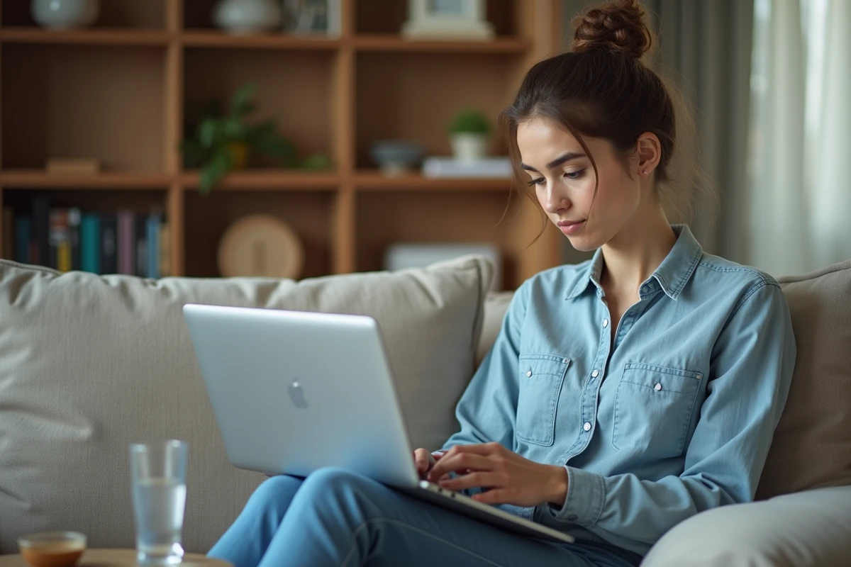 Jeune femme remplissant une quittance de loyer en ligne sur son ordinateur portable chez elle