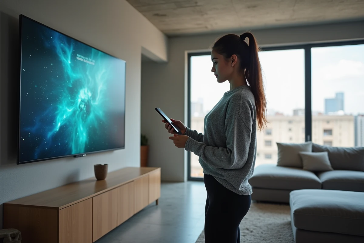 Jeune femme debout utilisant son smartphone devant une Smart TV