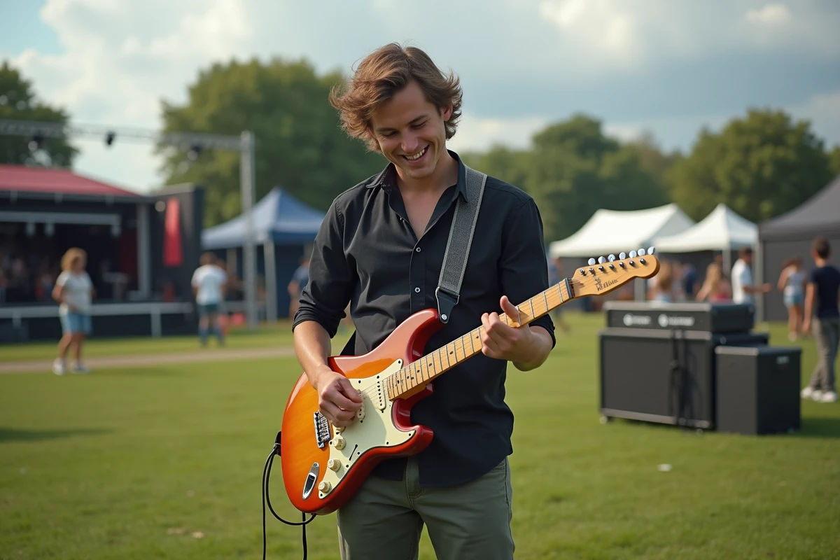 Musicien testant une guitare électrique en extérieur lors d