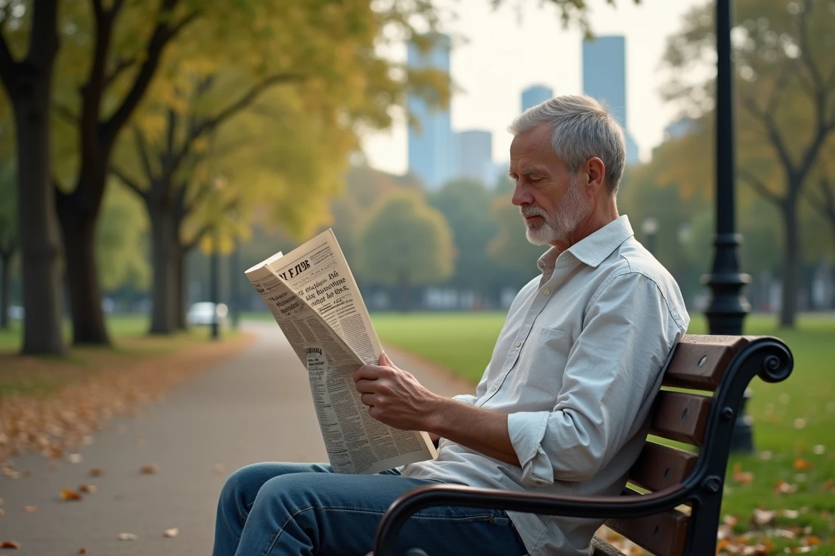 Homme lisant un journal imprimé sur un banc dans un parc urbain avec vue sur la ville