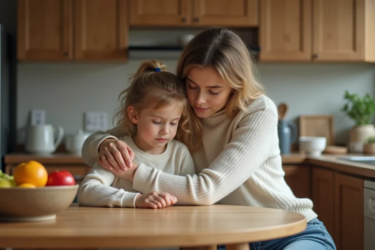 Femme réconfortant son enfant à la cuisine chaleureuse