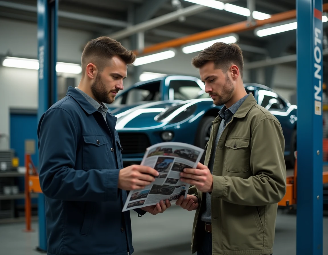 Deux mécaniciens consultant un magazine automobile dans un garage professionnel avec voiture sur pont élévateur