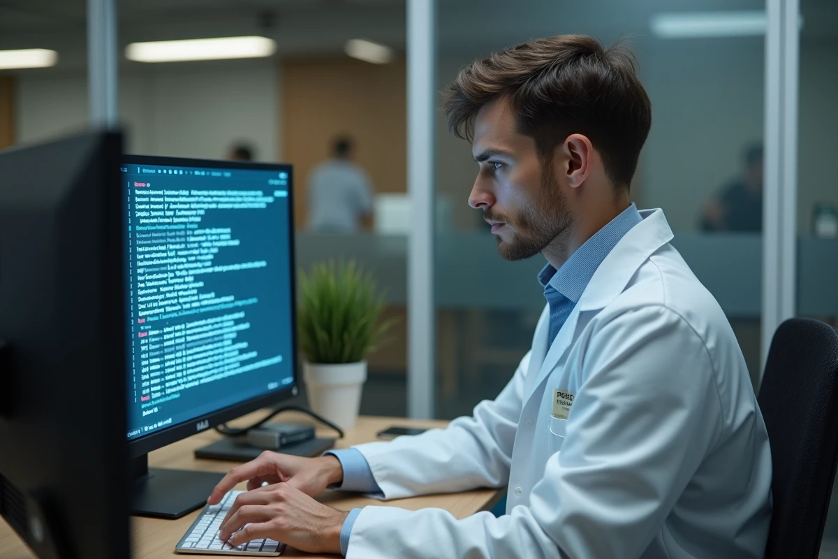 Jeune médecin en blouse blanche tapant sur un ordinateur