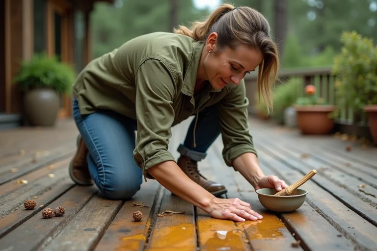 Femme nettoyant une tache de résine de pin sur une terrasse en bois avec une brosse et un solvant