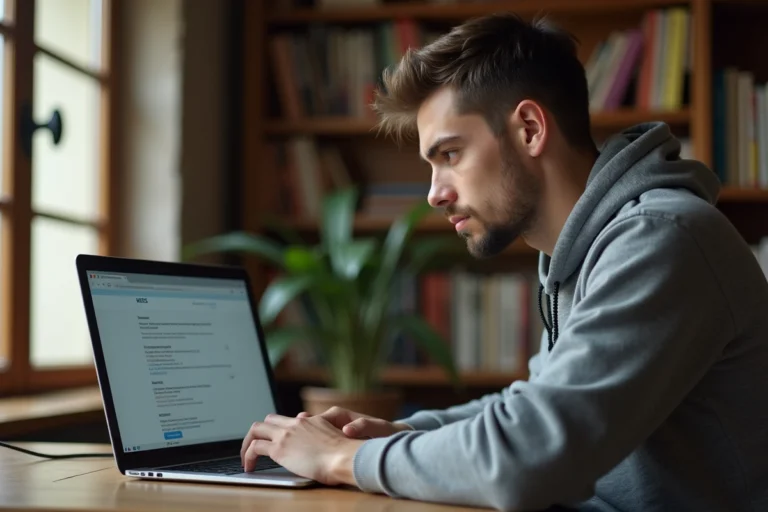 Jeune homme cherchant la nouvelle adresse d'un site de téléchargement sur son ordinateur portable à domicile
