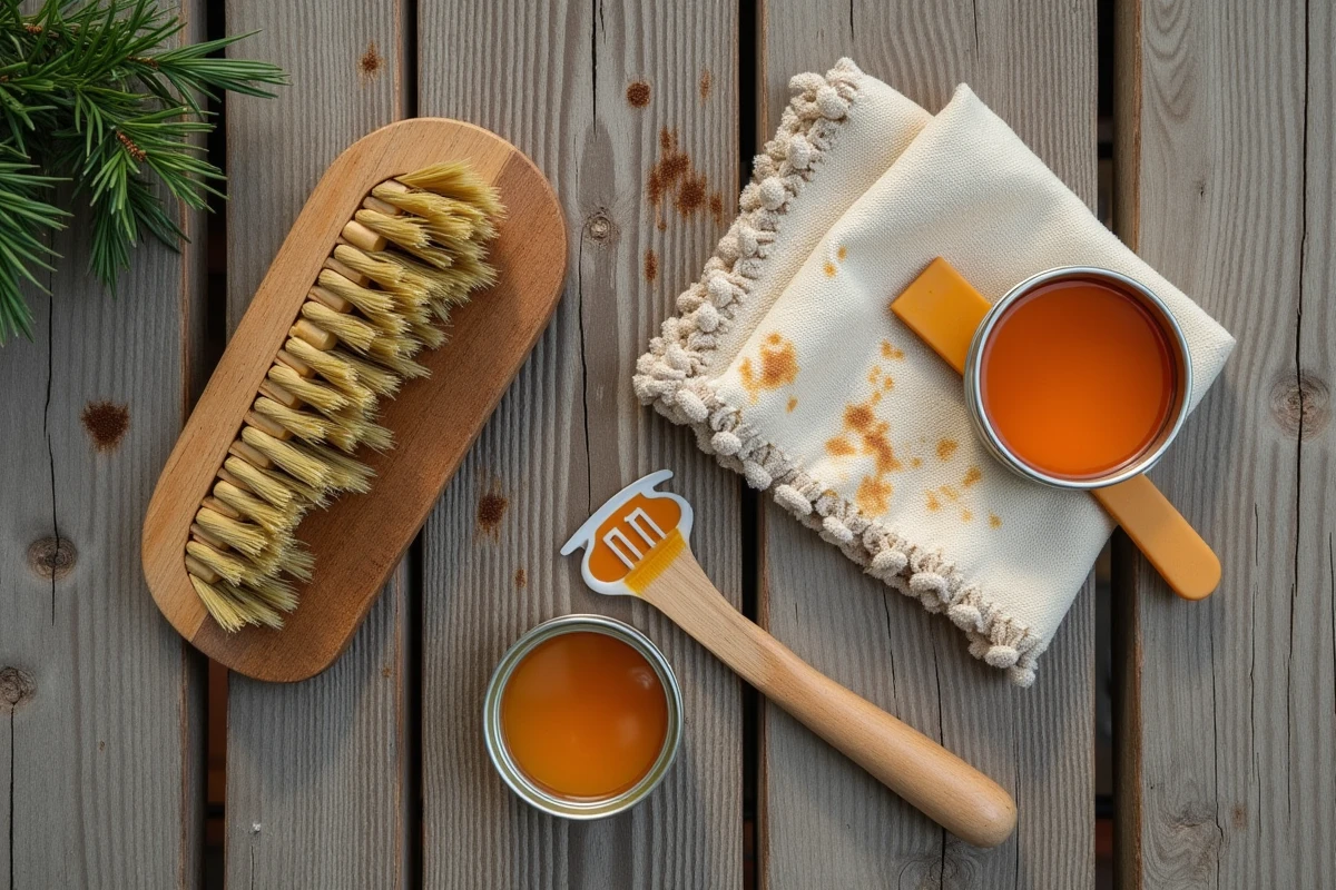 Vue de dessus des outils pour enlever la résine de pin sur une terrasse en bois : brosse, chiffon, solvant et grattoir