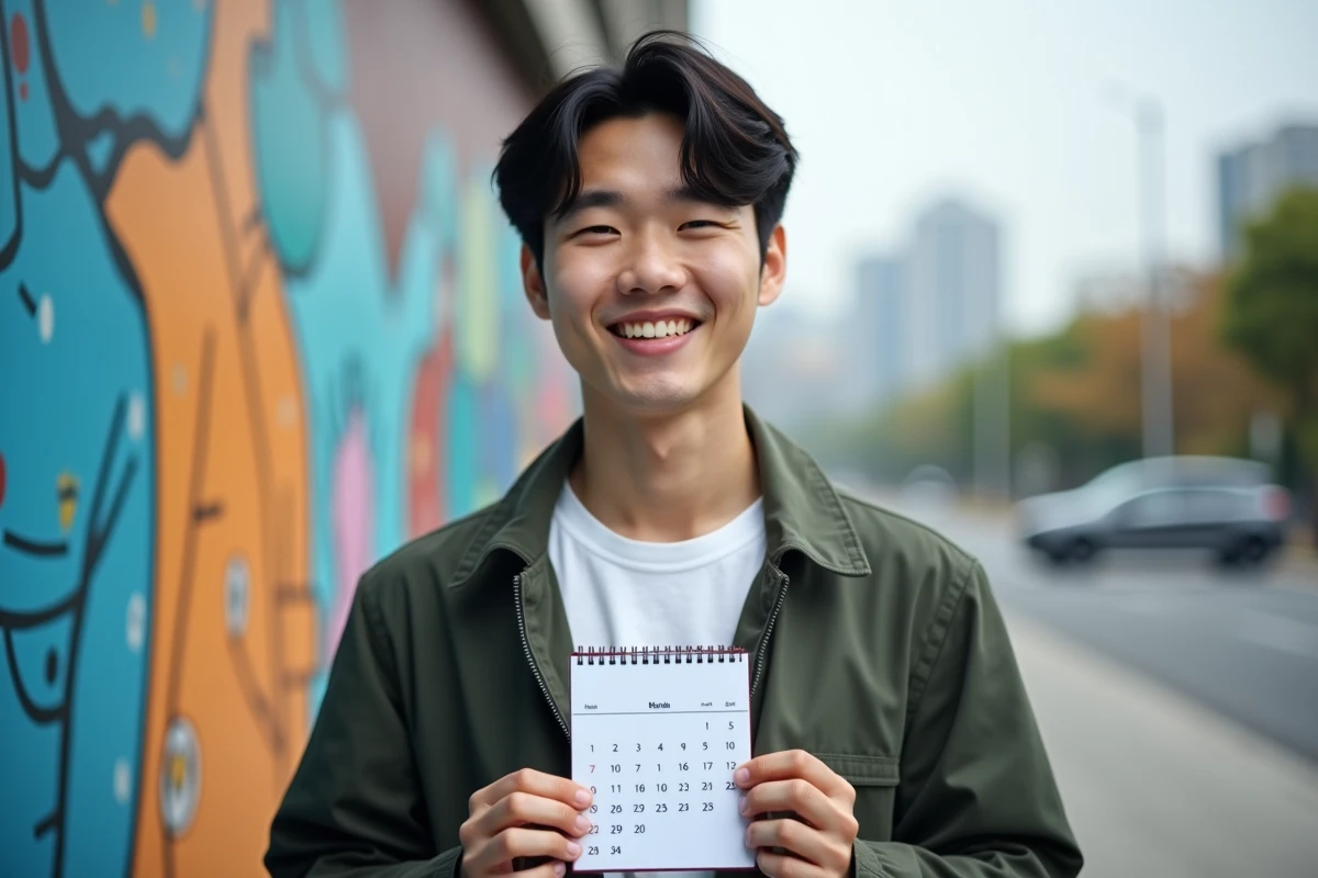 Jeune homme sud-coréen souriant avec calendrier devant mur coloré