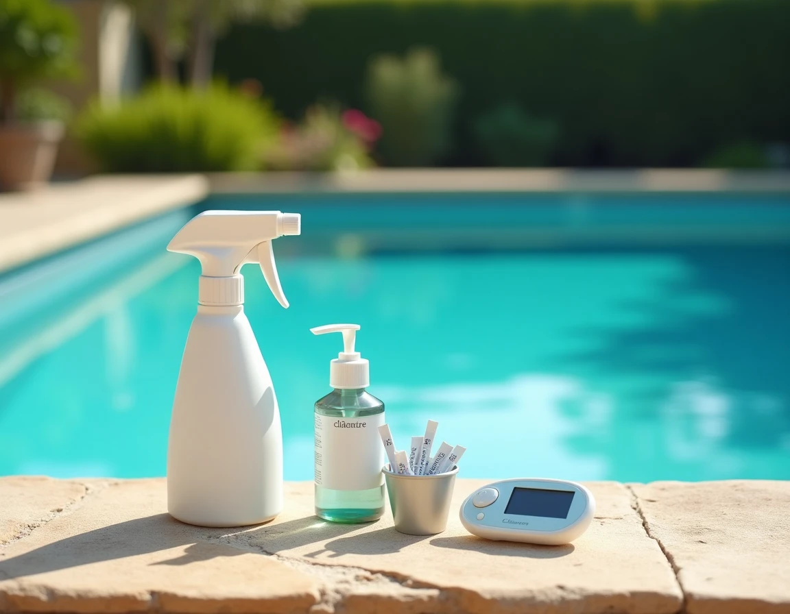 Produits d'entretien piscine disposés sur le bord incluant chlore, clarifiant et testeur pH