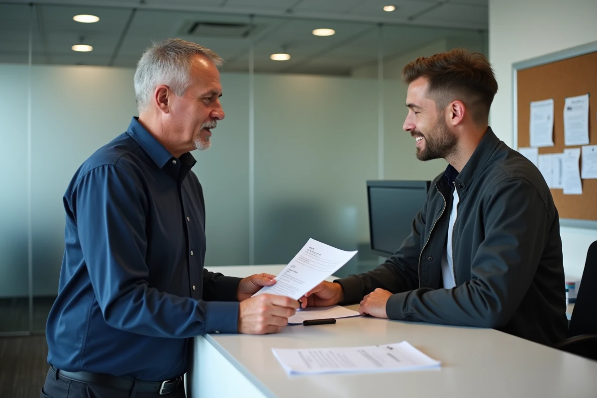 Propriétaire remettant une quittance de loyer à un locataire dans une agence immobilière