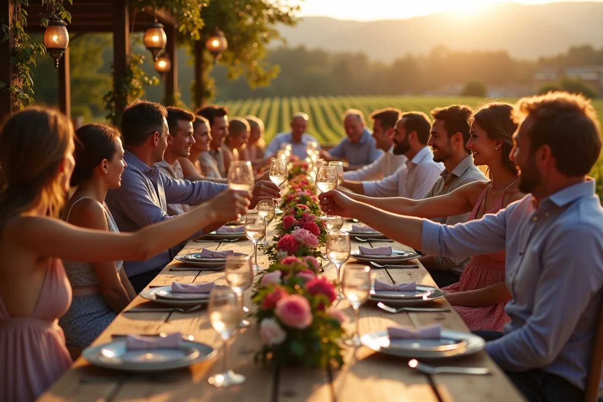 Groupe d invités lors d’une réception de mariage en plein air