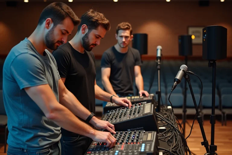 Groupe de trois adultes réglant du matériel audio en intérieur