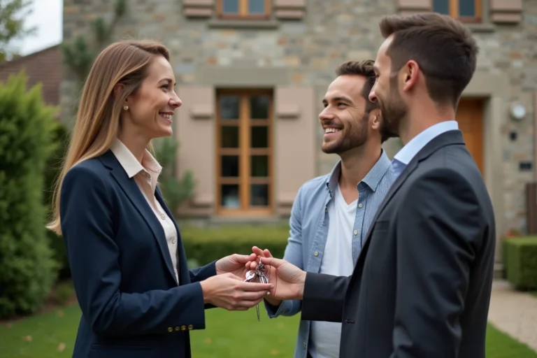 Agent immobilier remettant les clés d'une maison en pierre à un couple acheteur devant la façade fleurie d'un pavillon français