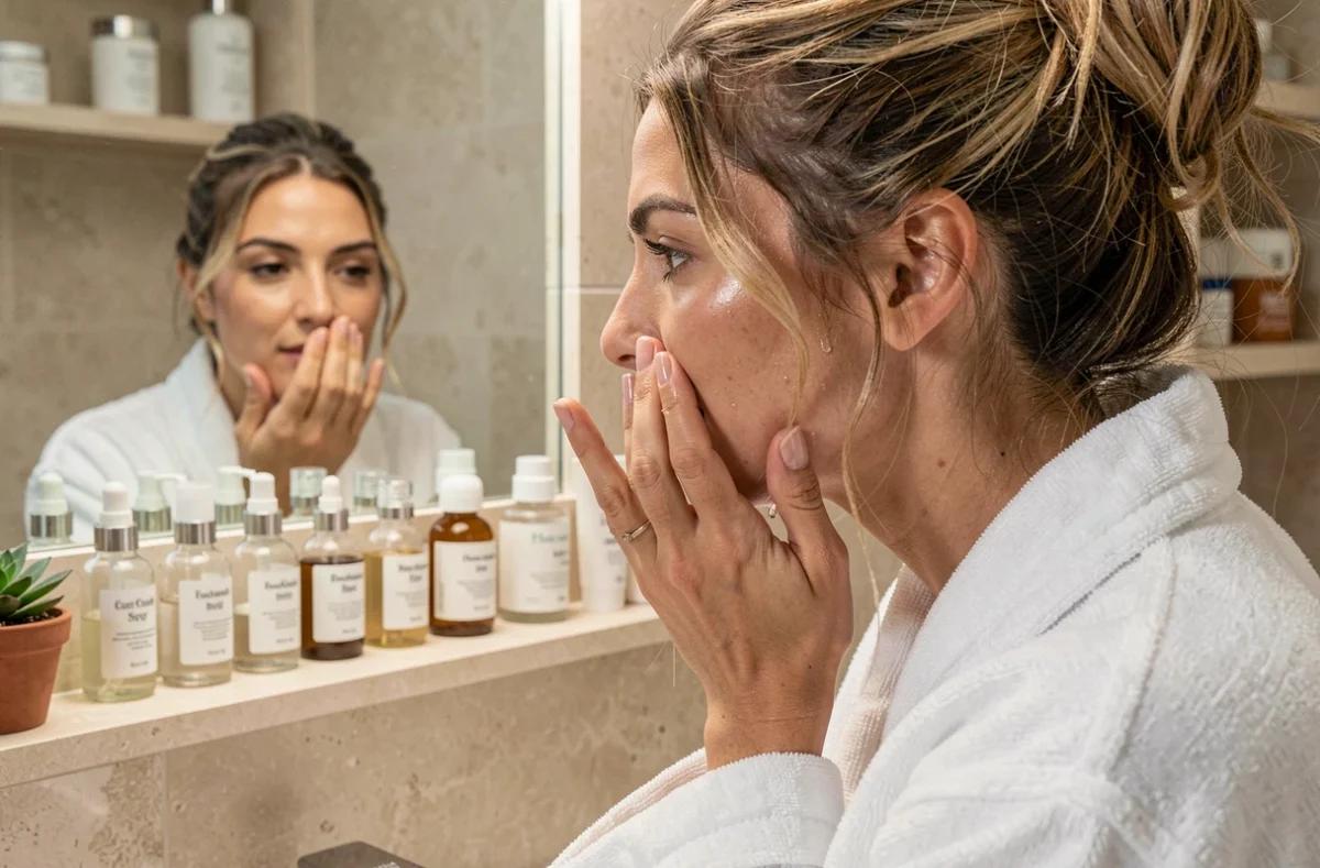 Femme appliquant un sérum sur son visage devant un miroir de salle de bain lors de sa routine beauté matinale