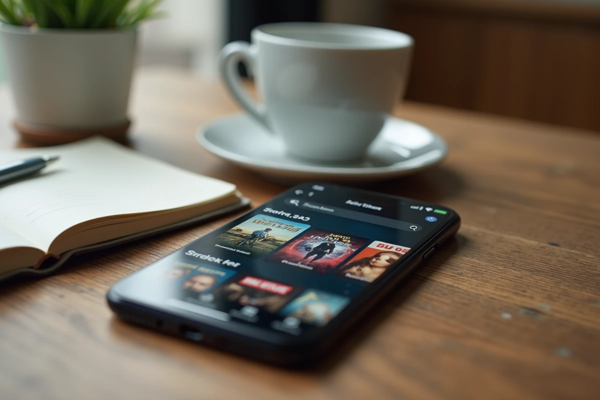 Smartphone affichant une interface de streaming posé sur une table en bois avec un café