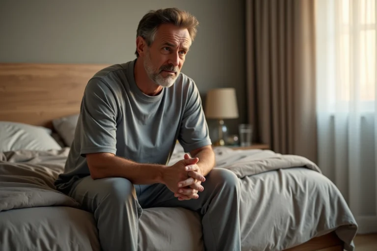 Homme d'âge moyen assis au bord de son lit le matin avec les mains qui tremblent, expression de fatigue et de confusion au réveil