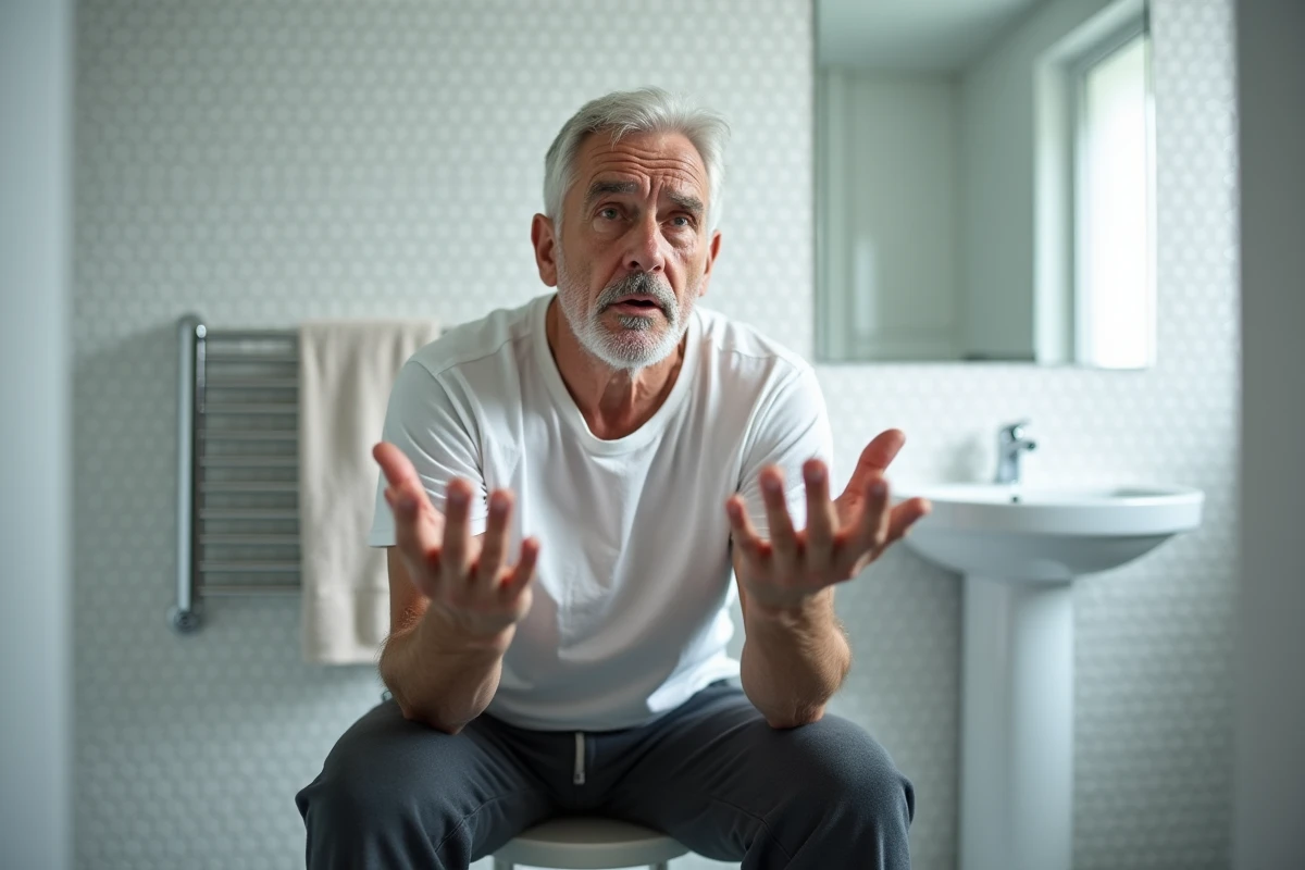 Homme d'âge mûr dans une salle de bain examinant ses mains tremblantes au réveil avec une expression préoccupée
