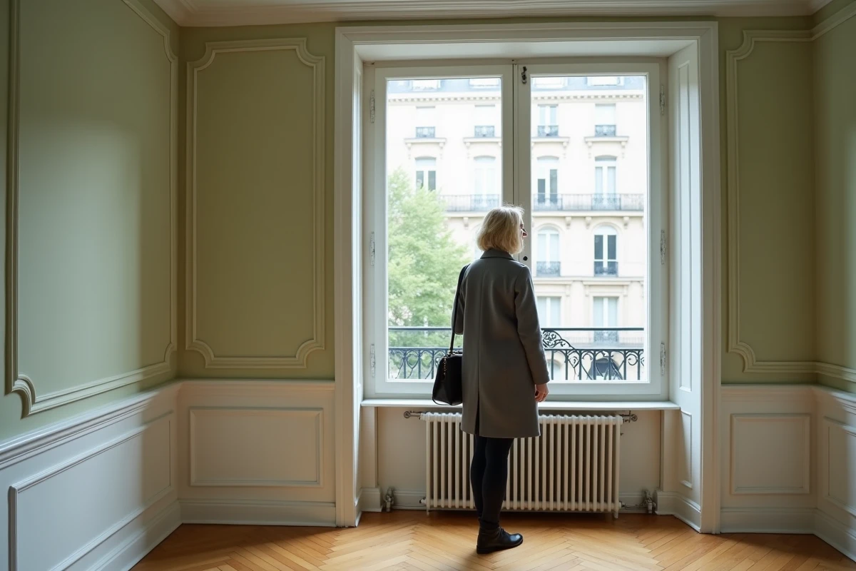 Femme visitant un appartement haussmannien vide à Paris avec parquet en chevrons et grandes fenêtres donnant sur la rue