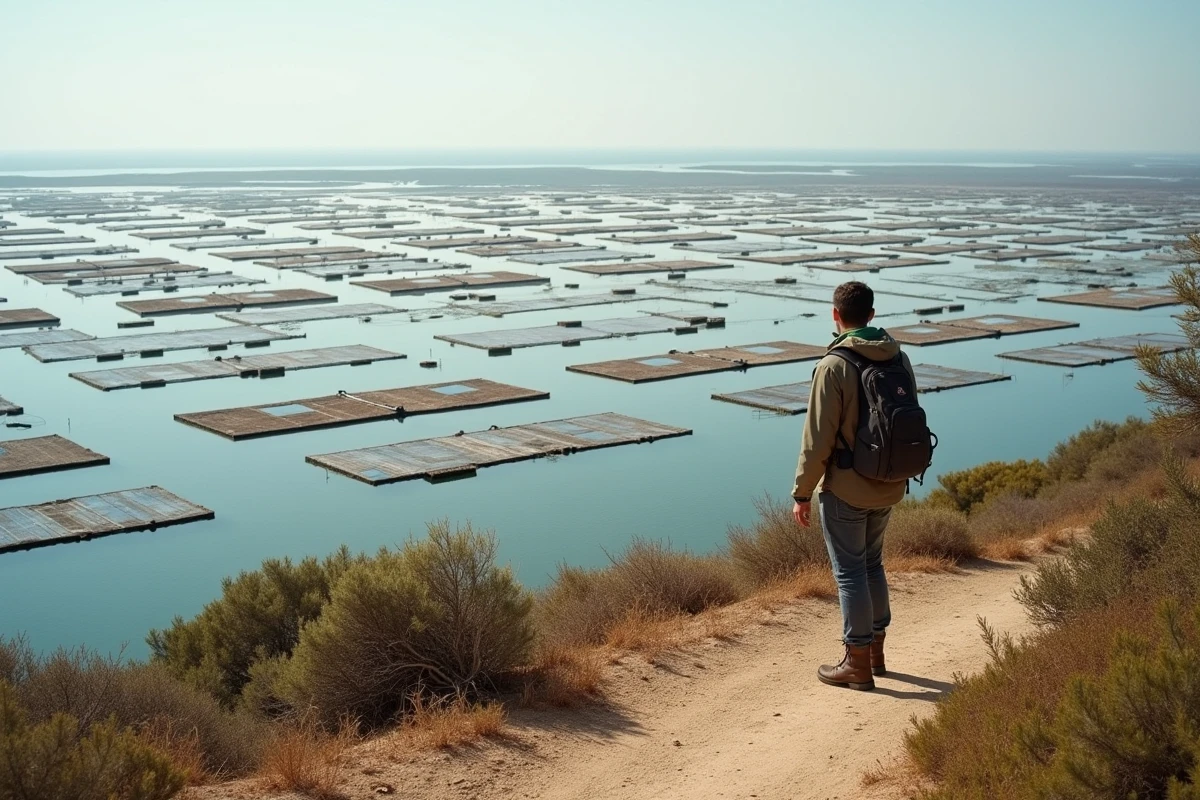 Vue panoramique de l'étang de Thau avec les parcs ostréicoles depuis les hauteurs de Sète